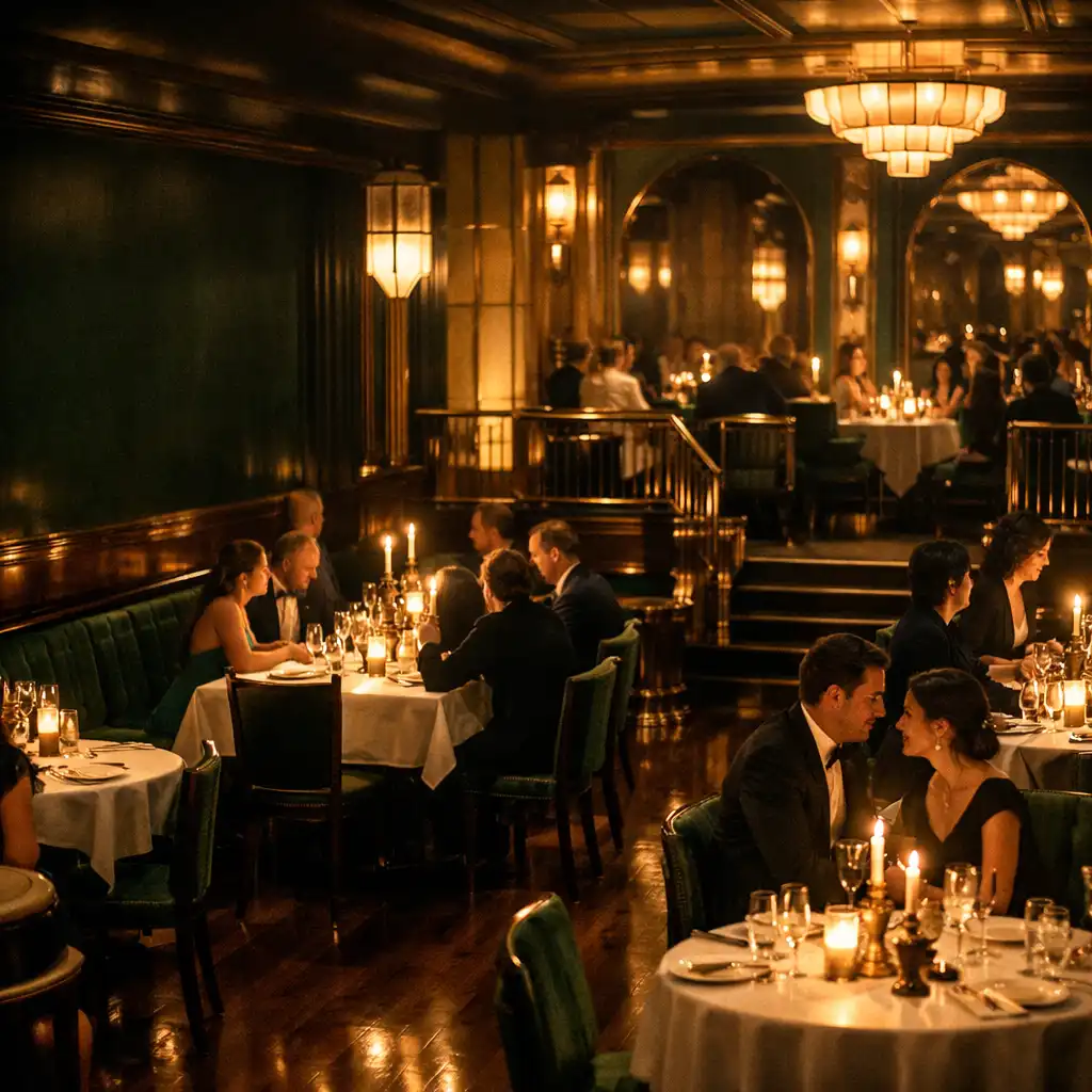 Eleganckie wnętrze restauracji wieczorem z gośćmi i światłem świec